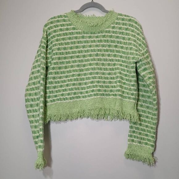 Zara womens small sweater boxy slouchy fringe lime green spring summer cotton - Picture 2 of 8